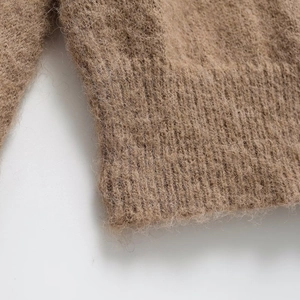 Women V-neck soft knit sweater in camel brown color with textured mohair wool fabric