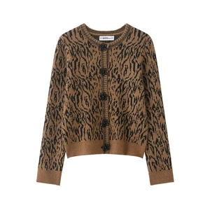 Gilet en Tricot Vintage Imprimé Léopard pour Femme Pull Col Rond Boutons Perlés Manches Longues Manteau d'Hiver