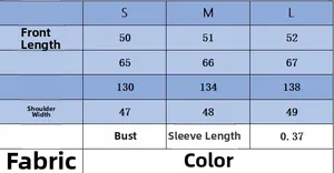 Detailed size chart for the loose knitted pullover with measurements in S, M and L
