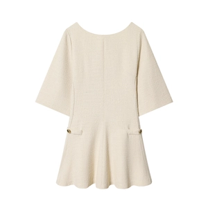 Elegant slim fit tweed dress in beige with gold button details and a round neckline