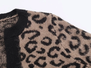 Close-up of leopard print knit cardigan showing soft mohair-style fabric texture