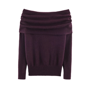 Deep purple off-the-shoulder knit sweater with ribbed cuffs and textured wool blend