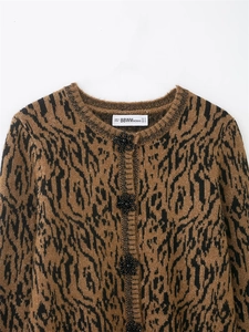 Détail d'un cardigan en tricot léopard avec des boutons noirs en forme de fleur