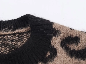 Close-up of leopard pattern knit fabric and ribbed round neckline on sweater