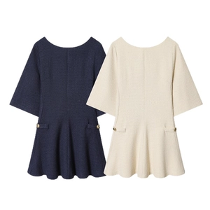 Slim fit tweed crewneck dress with gold buttons and short sleeves in blue and beige