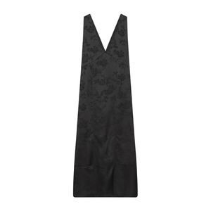 Robe Maxi Sexy pour Femmes Col en V Profond Sans Manches Jacquard Élégante Texture Satinée Fente Taille Haute Noir Robe de Soirée