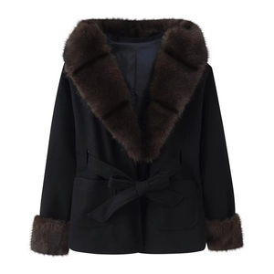 Elegant black wool coat with luxurious brown faux fur collar and belted waist for women