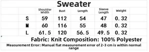 Size chart for high neck knit sweater showing S to L dimensions in 100% polyester