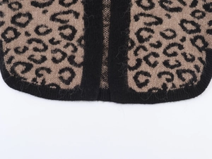 Macro detail of leopard print knitted fabric and black ribbed hem on this winter cardigan