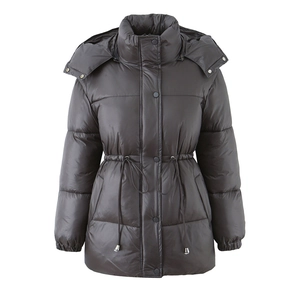 Manteau rembourré décontracté pour femme avec capuche et taille à cordon en gris foncé
