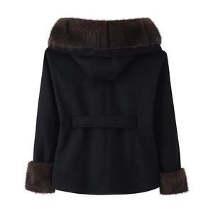 Back view of women's black hooded coat with dark brown faux fur trim and waist belt