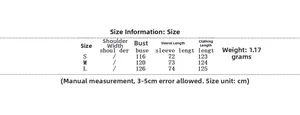 Detailed size chart for women long lapel trench coat with chest and length measurements