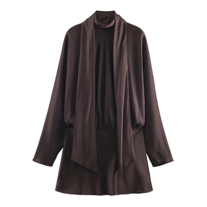 Elegant chocolate satin mini dress with scarf neck and long sleeves for women