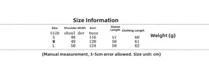 Detailed size chart with shoulder and bust measurements for the bow-tie waist jacket