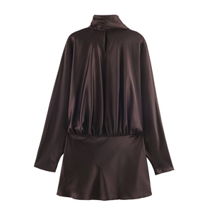 Elegant chocolate brown satin long sleeve mini dress with high cowl neck and cinched waist