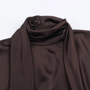 Elegant deep brown satin mini dress with scarf collar and glossy draped texture