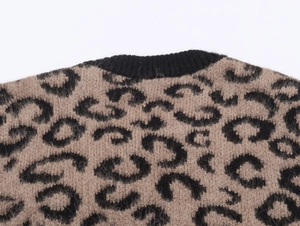 Close-up of leopard jacquard knit collar detail with high-quality ribbed crew neck texture