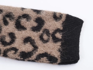 Macro detail of leopard print knit cardigan with plush mohair texture and ribbed cuff