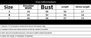 Size chart showing detailed dimensions and fabric composition for beaded short sleeve sweater