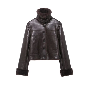 Women Faux Fur Leather Jacket Short French Fashion Retro Single Breasted Warm Winter Outwear With Plush Trim