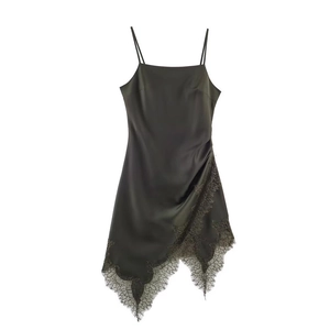 Women Sexy Satin Lace Slip Dress Asymmetrical Hem Ruched Spaghetti Strap Sleeveless V Neck Backless Party Maxi Dress