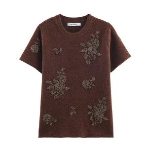 Women's Vintage Beaded Floral Short Sleeve Knit Sweater Elegant Round Neck Chestnut Knitwear Top Casual Fall Winter Fashion