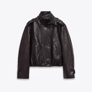 Women Vintage PU Leather Jacket Double Breasted Stand Collar Long Sleeve Short Moto Coat Textured Distressed Outerwear