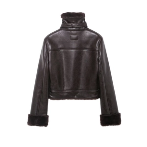 Back view of a chocolate brown faux leather jacket with plush faux fur trim and collar