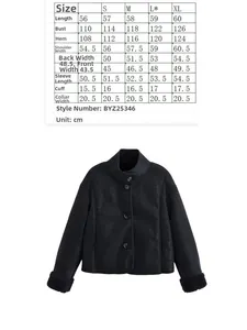 Detailed size chart and front view of the black faux suede jacket with fleece trim