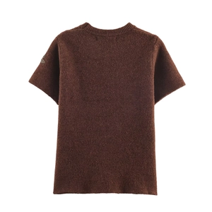 Detail of beaded insect patch on dark brown short sleeve knit sweater with round neck