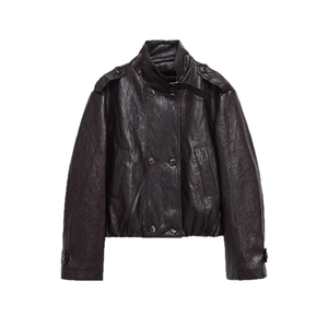 Chic double-breasted PU leather jacket with stand collar and vintage textured finish