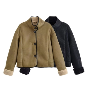 Women Vintage Faux Suede Shearling Jacket Stand Collar Single Breasted Contrast Piping Loose Casual Autumn Winter Coat