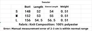 Size chart for knit sweater showing bust, length, and sleeve measurements in centimeters
