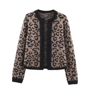 Women Leopard Print Knit Cardigan Sweater Loose V Neck Long Sleeve Open Front Autumn Winter Casual Jacket Outwear Top