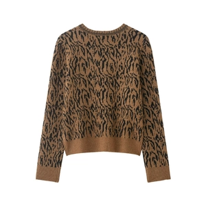 Cardigan tricoté marron pour femme avec imprimé zébré noir et col rond d'automne