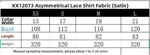 Size guide for women's asymmetric satin shirt showing bust and length measurements