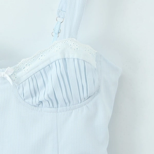 Slim fit light blue striped camisole dress with white floral lace and bow detail