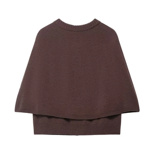 Detailed view of dark brown knitted poncho sweater featuring a round neck and layered design