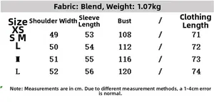 Detailed size chart for winter loose jacket featuring chest and sleeve measurements