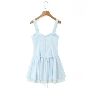 Slim fit light blue camisole dress with bow tie waist and white lace hem detailing