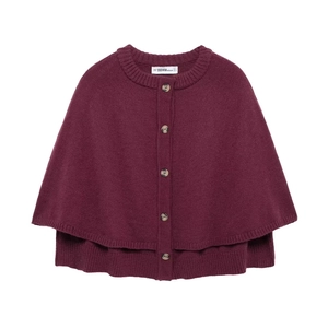 Detailed view of dark wine red knit cardigan with single-breasted buttons and soft texture
