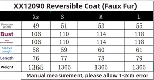 Size chart for reversible faux fur coat with detailed measurements from XS to L