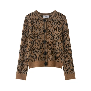 Gilet en maille léopard pour femme avec boutons à fleurs et col rond élégant