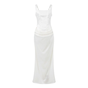 Detailed view of white silk satin long dress with corset bodice and pleated waist details