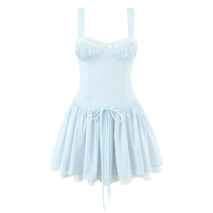 Light blue slim fit strap mini dress with white lace trim and bow accent