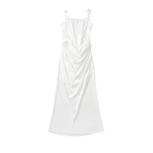 Detail of elegant white satin dress with delicate waist pleats and smooth fabric texture