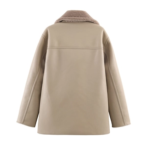 Detailed back view of a khaki oversized faux leather jacket with faux shearling collar