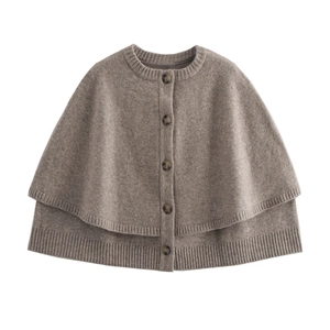 Women's brown knit shawl cape with round neck and button front for spring fashion