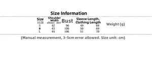Size chart table for elegant winter suit with detailed measurements in centimeters