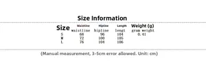 Size chart for women's trousers with waist, hip and length details in centimeters